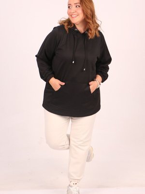 Siyah Büyük Beden Kapüşonlu İki İplik Kısa Tunik