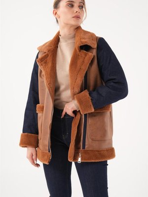 Denim Garnili Taba Biker Ceket Denim Garnili Taba Biker Ceket