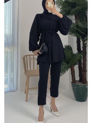 Aden Omuz Taşlı Kuşaklı Bluz Pantolon Siyah Takım