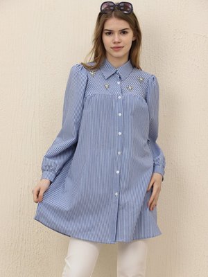 Göğsü Taşlı Çizgili Gofre Tunik