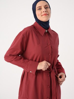 Bordo Pamuk Tek Cepli Kuşaklı Uzun Kap