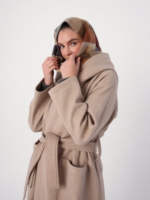 Koyu Bej Kapüşonlu Kemerli Kaşe Kaban