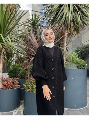 Örgülü Uzun Triko Hırka Siyah