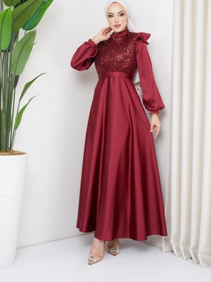 Önü Payet Detaylı Saten Abiye Elbise Bordo