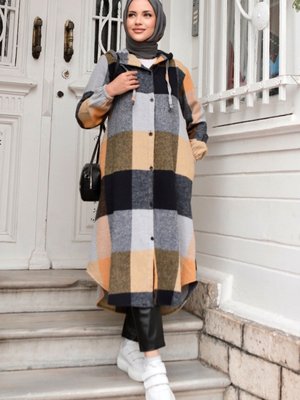 Devrin Kapüşonlu Ekose Kap Hardal