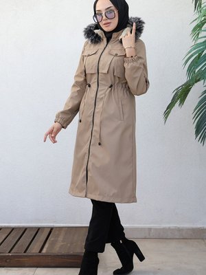 Ön Cep Kesik Detay Kürklü Mont Taş