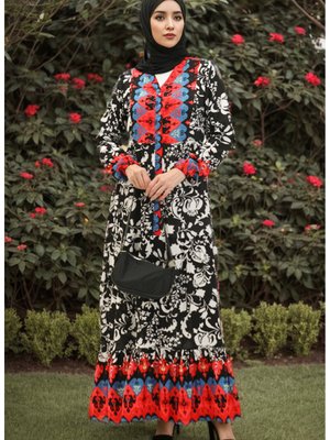 Desenli Viskon Elbise Siyah