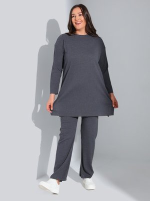 Antrasit Büyük Beden Tunik & Pantolon Kaşkorse İkili Takım