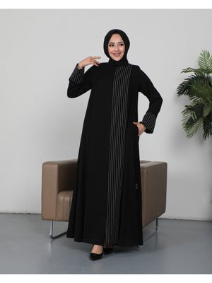 Boydan Çizgili Dubai Ipeği Siyah Abaya Boydan Çizgili Dubai Ipeği Siyah Abaya