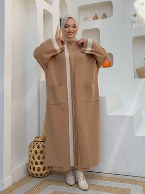 Şerit Gizli Düğmeli Cep Detay Triko Hırka Taba