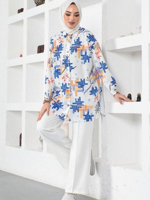 Desenli Gömlek Saks Mavisi