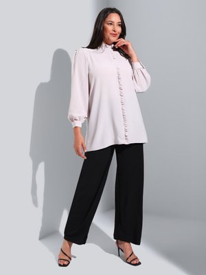 Toz Lila Büyük Beden Fırfır Detaylı İpek Tuşeli Tunik