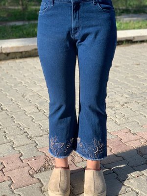 Koyu Mavi Paçası Taşlı Yarı İspanyol Denim Pantolon