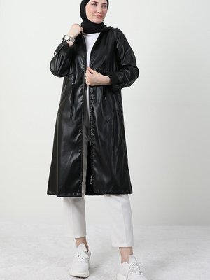 Kapüşonlu Deri Kap Siyah