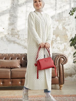 Jolie Örgü Desenli Triko Uzun Hırka Beyaz