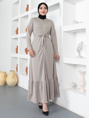 Bej Fermuarlı Kuşaklı Ferace