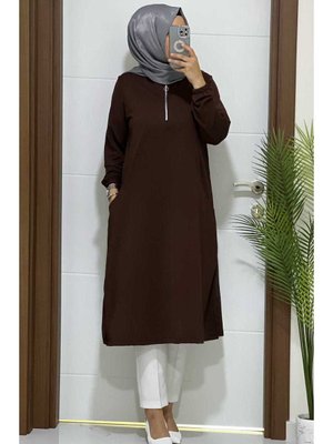 K Kahverengi Fermuarlı Buyuk Beden Ikı Iplık Tunık Yeni Sezon