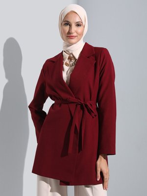 Kuşak Detaylı Ceket Koyu Kızıl