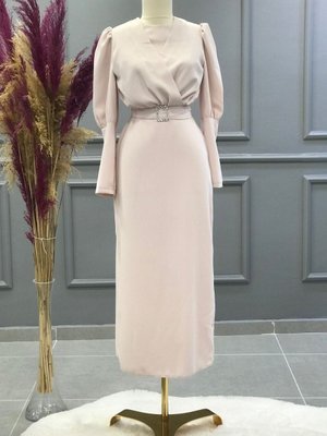 Önü Çapraz Detay Balon Kol Kalem Elbise Taş