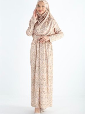 Parça Başörtülü Büzgülü Desenli Namaz Elbise Parça Başörtülü Büzgülü Desenli Namaz Elbise