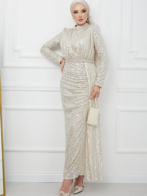 Bej Ön Detaylı Pul Payetli Abiye Elbise