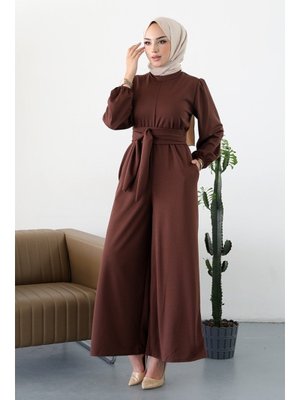 Kahve Fulya Kolları Lastikli Kemerli Tulum Kahve Fulya Kolları Lastikli Kemerli Tulum