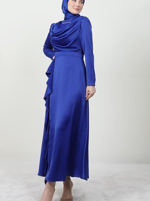 Eteği Pelerinli Degaje Elbise Saks