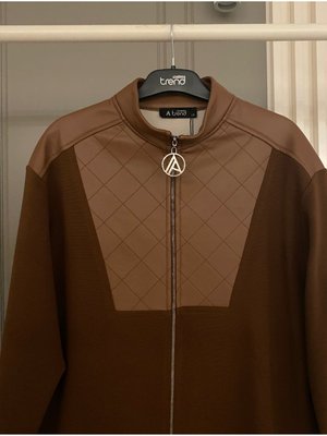 Trend Örme Fitilli Kumaş Önden Fermuarlı Deri Detaylı Tunik