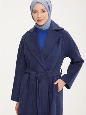 Belden Kuşaklı Kaşe Kaban Morcivert