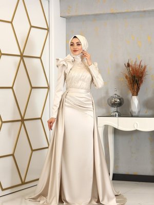 Portatif Kuyruklu Omuzu Fırfırlı Sueda Abiye Elbise Bej