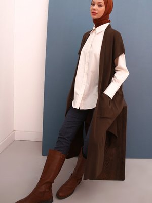 Kahve Cepli Uzun Triko Yelek