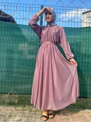 Simli Belden Kuşaklı Somon Abiye Elbise