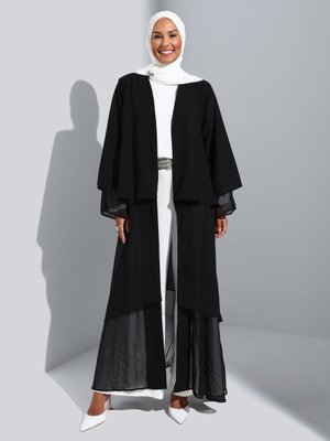 Şifon Detaylı Ve Pelerinli Abiye Ferace Siyah