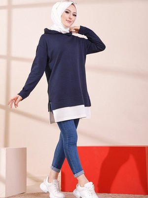 Lacivert Kapüşonlu Garnili Sweatshirt