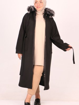 Siyah Büyük Beden Çıkarılabilir Kapüşonlu Kaşe Kaban