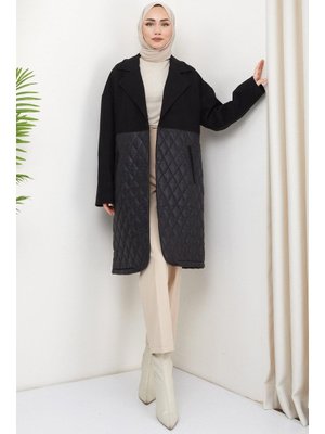 Siyah Kapitone Garnili Kaşe Kaban Siyah Kapitone Garnili Kaşe Kaban