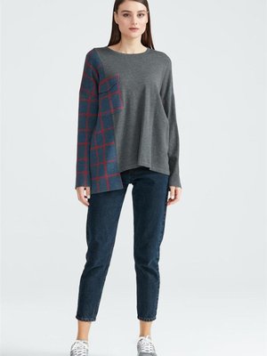 Ekose Desen Geçişli Triko Bluz Antrasit Tnk.20944.1 Ekose Desen Geçişli Triko Bluz Antrasit Tnk.20944.1