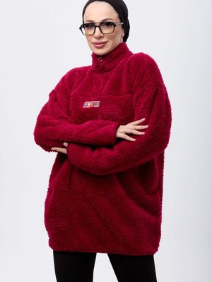 Bordo Yarım Fermuarlı Peluş Sweatshirt