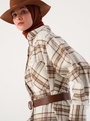 Ekru Kahve Rahat Kalıp Oduncu Gömlek Tunik