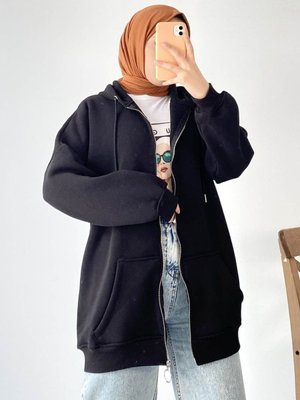 Siyah Kapüşonlu Fermuarlı Kalın Içi Polarlı Örme Sweatshirt