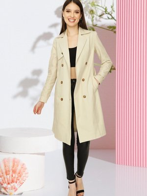 Krem Kemerli Önden Düğmeli Uzun Trençkot