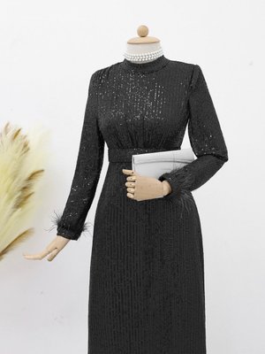 Kolu Tüy Detaylı Kemerli Pul Payet Abiye Elbise Kolu Tüy Detaylı Kemerli Pul Payet Abiye Elbise