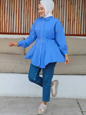 İndigo Ön Sırt Detaylı Terikoton Gömlek