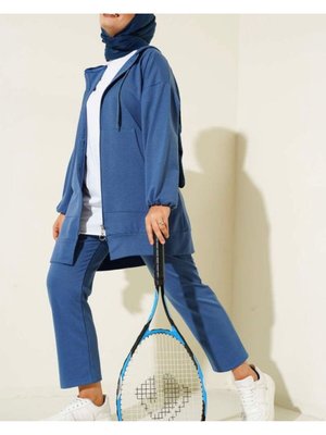 Pamuklu İkili Eşofman Takımı Kapüşonlu Fermuarlı Ön Cepli Lacivert Slim Fit