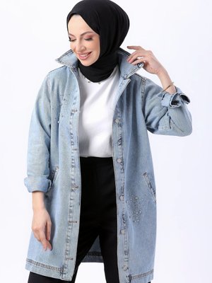 Buz Mavı Kar Flotalı Kot Ceket