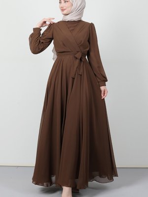 Önü Çapraz Şifon Elbise Kahve Önü Çapraz Şifon Elbise Kahve