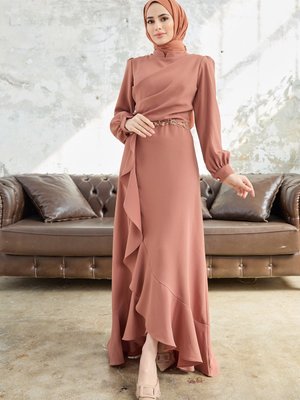 Eteği Volanlı Abiye Elbise Camel Eteği Volanlı Abiye Elbise Camel