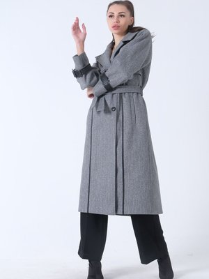 Gri Deri Biyeli Kaşe Kaban