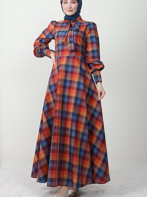 Ekose Elbise İndigo Ekose Elbise İndigo