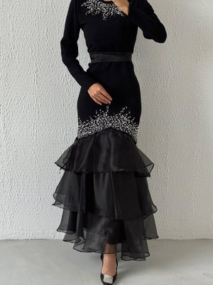 Boncuk İşlemeli Kemerli Krep Abiye Elbise Kol Detaylı Boncuk İşlemeli Kemerli Krep Abiye Elbise Kol Detaylı